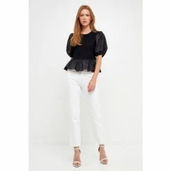 English Factory Mixed Media Puff Sleeve Top - Black Tops