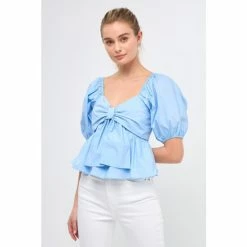 English Factory Sweetheart Top With Bow Tops Powder Blue
