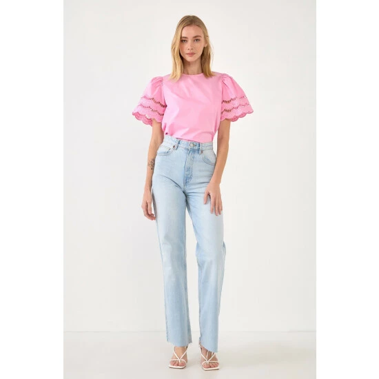 English Factory Mixed Media Lace Trim Knit Top Tops Pink - Image 6