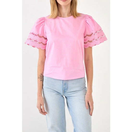 English Factory Mixed Media Lace Trim Knit Top Tops Pink - Image 9
