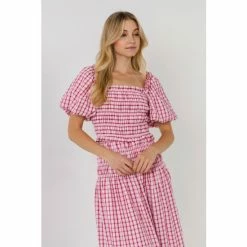 English Factory Check Smocked Puff Sleeves Top Tops Pink