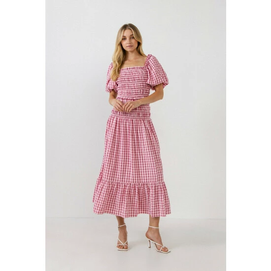 English Factory Check Smocked Puff Sleeves Top Tops Pink - Image 2