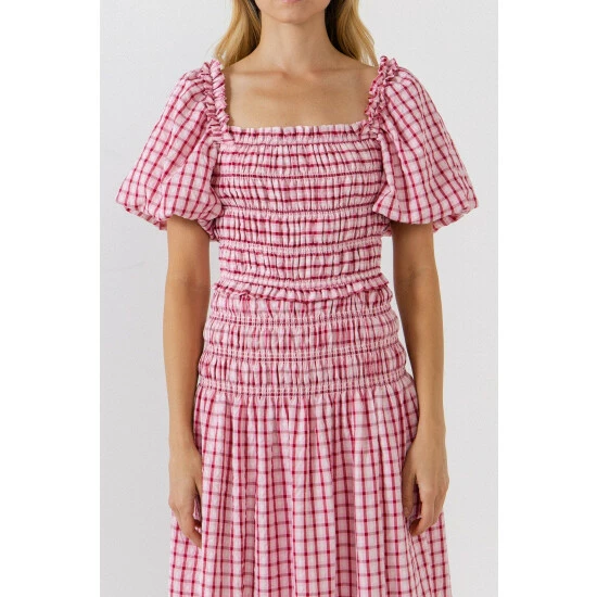English Factory Check Smocked Puff Sleeves Top Tops Pink - Image 5