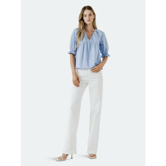 English Factory Tiered V Neck Top With Ruffle Sleeves Tops Black