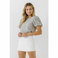 English Factory Puff Sleeve Lace Top Tops Heather Grey