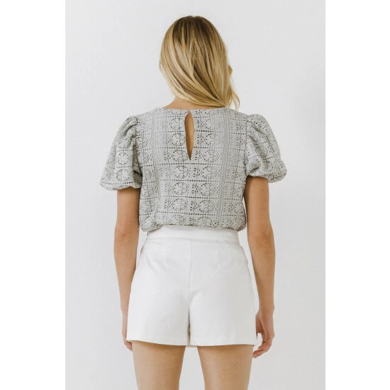 English Factory Puff Sleeve Lace Top Tops Heather Grey - Image 3