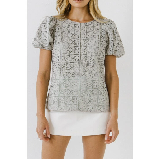 English Factory Puff Sleeve Lace Top Tops Heather Grey - Image 4