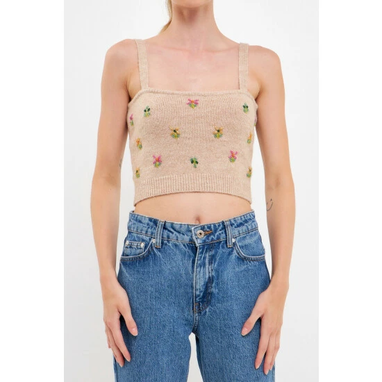 English Factory Beads Detail Knit Tank Top Tops Beige