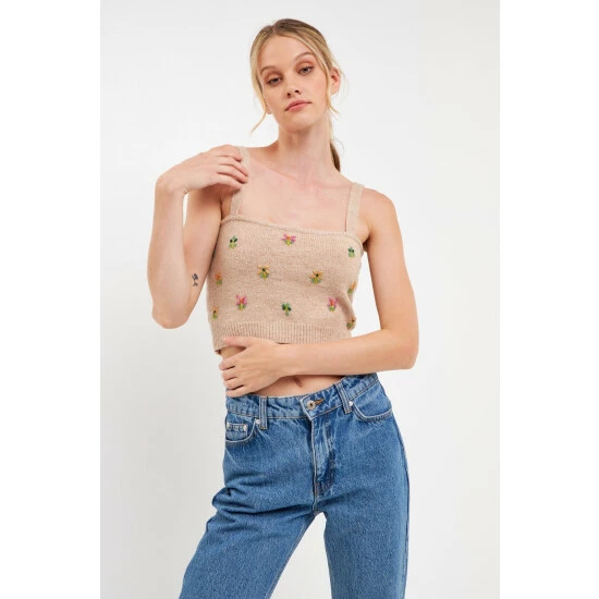 English Factory Beads Detail Knit Tank Top Tops Beige - Image 2