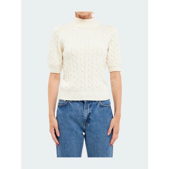 English Factory Cable Knit Puff Sleeve Top Tops Ivory - Image 9