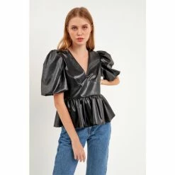 English Factory Stretch Leather Short Blouson Top Tops Black