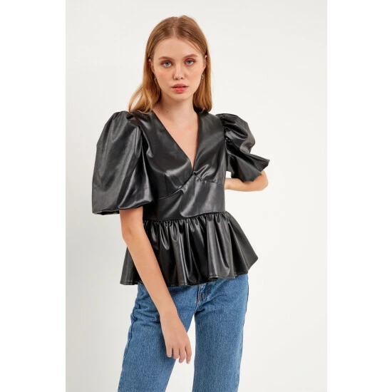 English Factory Stretch Leather Short Blouson Top Tops Black