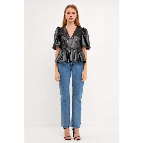 English Factory Stretch Leather Short Blouson Top Tops Black - Image 2