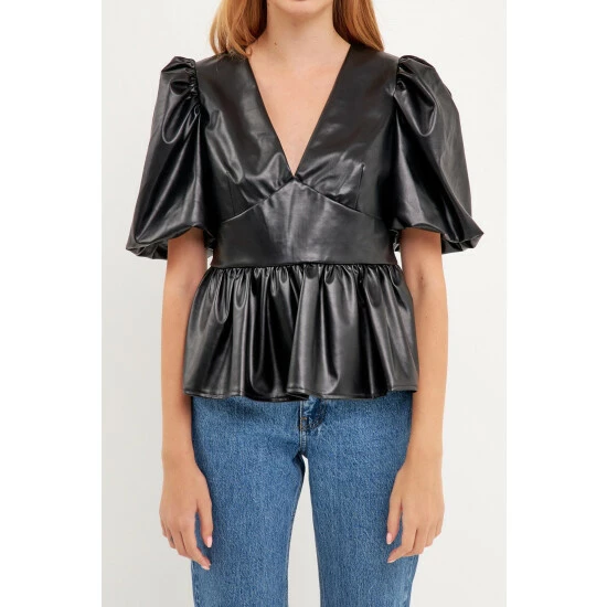 English Factory Stretch Leather Short Blouson Top Tops Black - Image 5