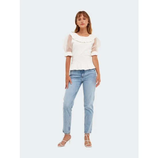 English Factory Organza Puff Sleeve Knit Top With Ruffled Neck Tops Ivory 1 English Factory Organza Puff Sleeve Knit Top With Ruffled Neck Tops Ivory
