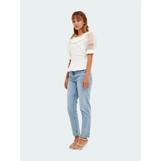 English Factory Organza Puff Sleeve Knit Top With Ruffled Neck Tops Ivory 2 English Factory Organza Puff Sleeve Knit Top With Ruffled Neck Tops Ivory - Image 2