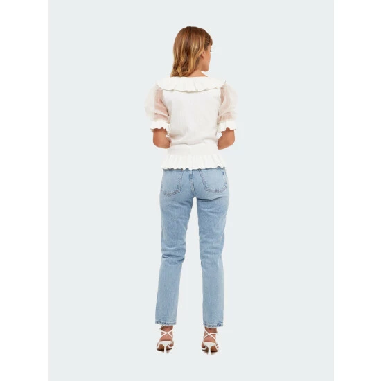 English Factory Organza Puff Sleeve Knit Top With Ruffled Neck Tops Ivory 3 English Factory Organza Puff Sleeve Knit Top With Ruffled Neck Tops Ivory - Image 3