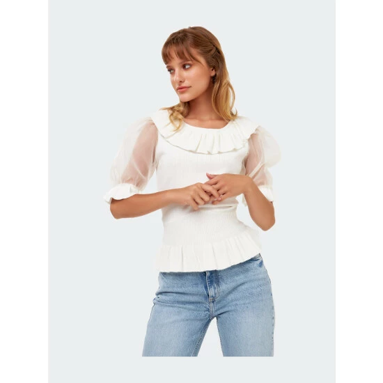 English Factory Organza Puff Sleeve Knit Top With Ruffled Neck Tops Ivory 4 English Factory Organza Puff Sleeve Knit Top With Ruffled Neck Tops Ivory - Image 4