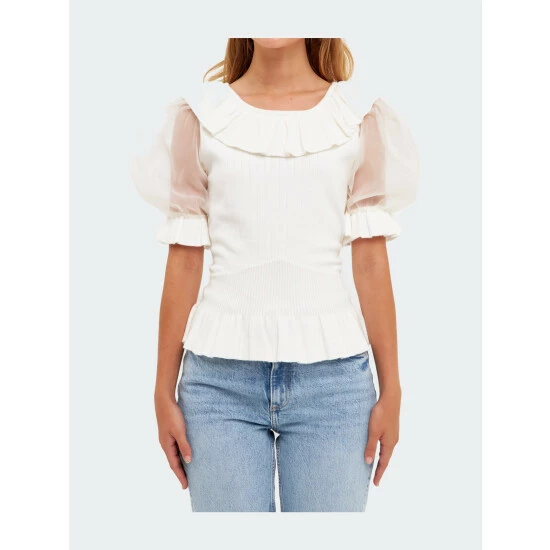 English Factory Organza Puff Sleeve Knit Top With Ruffled Neck Tops Ivory 5 English Factory Organza Puff Sleeve Knit Top With Ruffled Neck Tops Ivory - Image 5