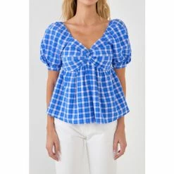 English Factory Gingham Twisted Puff Sleeve Top Tops Blue