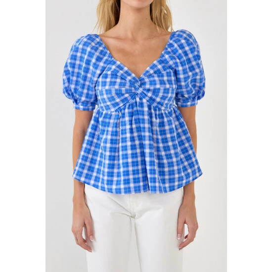 English Factory Gingham Twisted Puff Sleeve Top Tops Blue