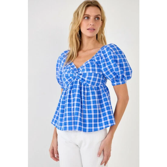 English Factory Gingham Twisted Puff Sleeve Top Tops Blue - Image 2