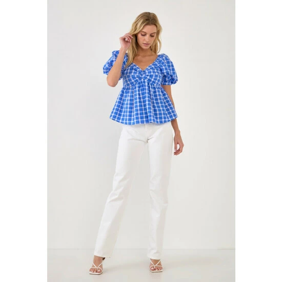 English Factory Gingham Twisted Puff Sleeve Top Tops Blue - Image 3