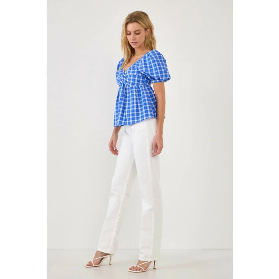 English Factory Gingham Twisted Puff Sleeve Top Tops Blue - Image 4