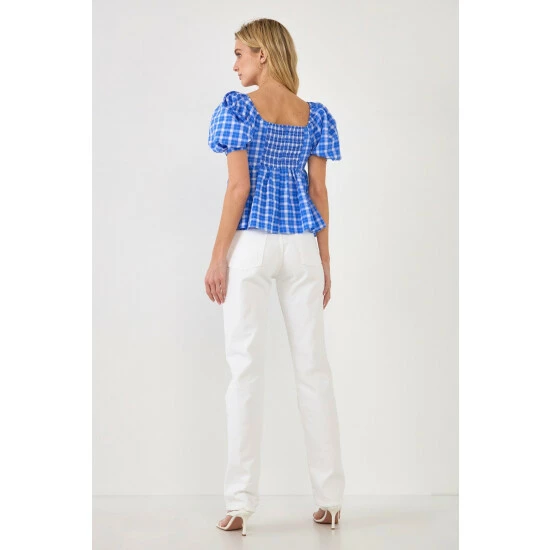 English Factory Gingham Twisted Puff Sleeve Top Tops Blue - Image 5