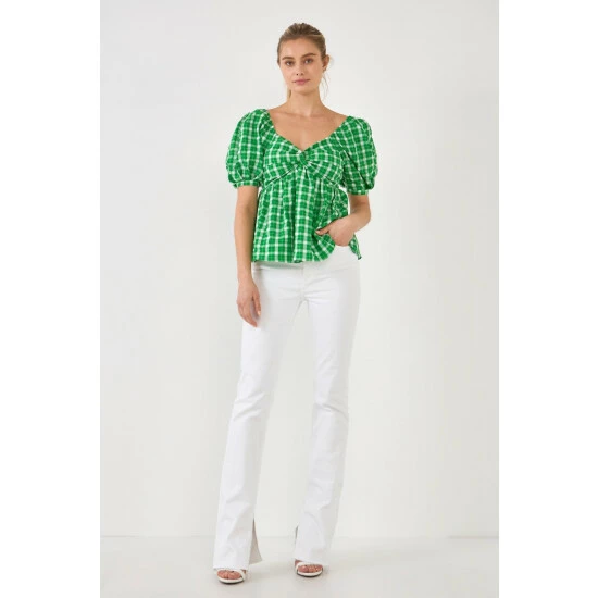 English Factory Gingham Twisted Puff Sleeve Top Tops Blue - Image 6