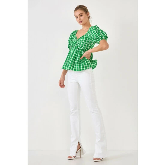 English Factory Gingham Twisted Puff Sleeve Top Tops Blue - Image 7