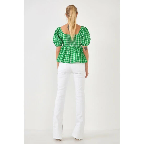 English Factory Gingham Twisted Puff Sleeve Top Tops Blue - Image 8